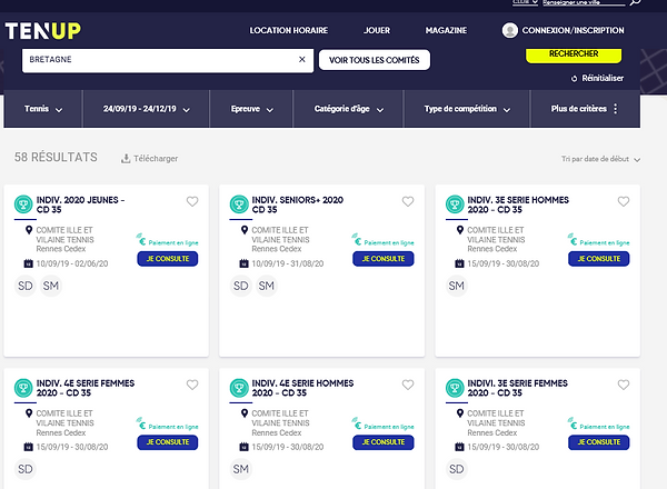 Capture d'écran de la page Ten'up permettant de s'inscrire aux championnats individuel
